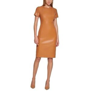 Calvin Klein Faux Leather Pencil Dress Women’s Size 10 Camel